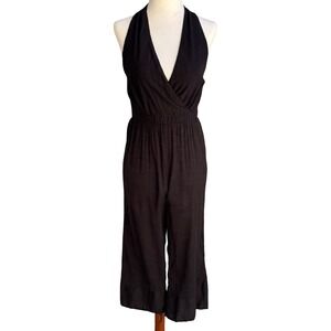 Express Boho Halter Jumpsuit Surplice Wide Leg Cropped‎ Smocked Gauze Crepe S